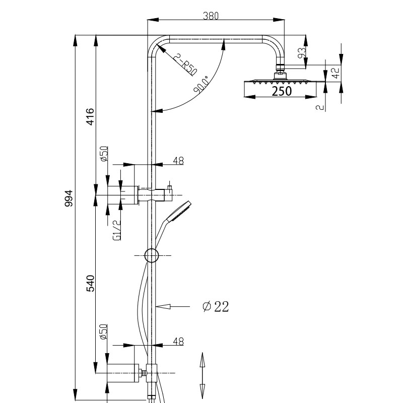 BadundKüche Sliding Multifunction Hand Shower With 250mm Overhead Rain Shower - Round