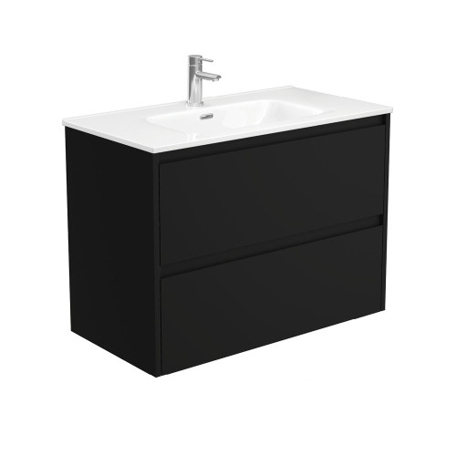 Fienza Joli Amato Satin Black Wall Hung Vanity with Ceramic top 750mm-1200mm