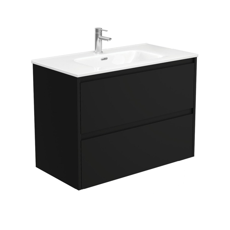 Fienza Joli Amato Satin Black Wall Hung Vanity with Ceramic top 750mm-1200mm
