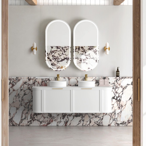 Otti Hampshire Satin White Wall Hung Curve Vanity with Stone Top or Marble Top 600mm-1800mm