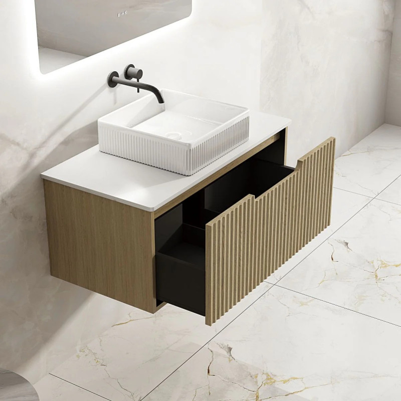 Mercio Fluted Rhea Wall-Hung Vanity with Stone top - Natural Oak 600mm-1800mm
