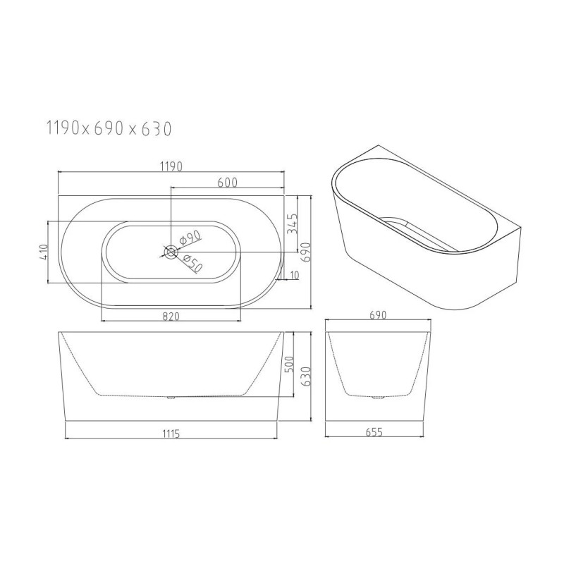 Mercio Musen Ultra-Thin Back-to-Wall Bathtub - Gloss White