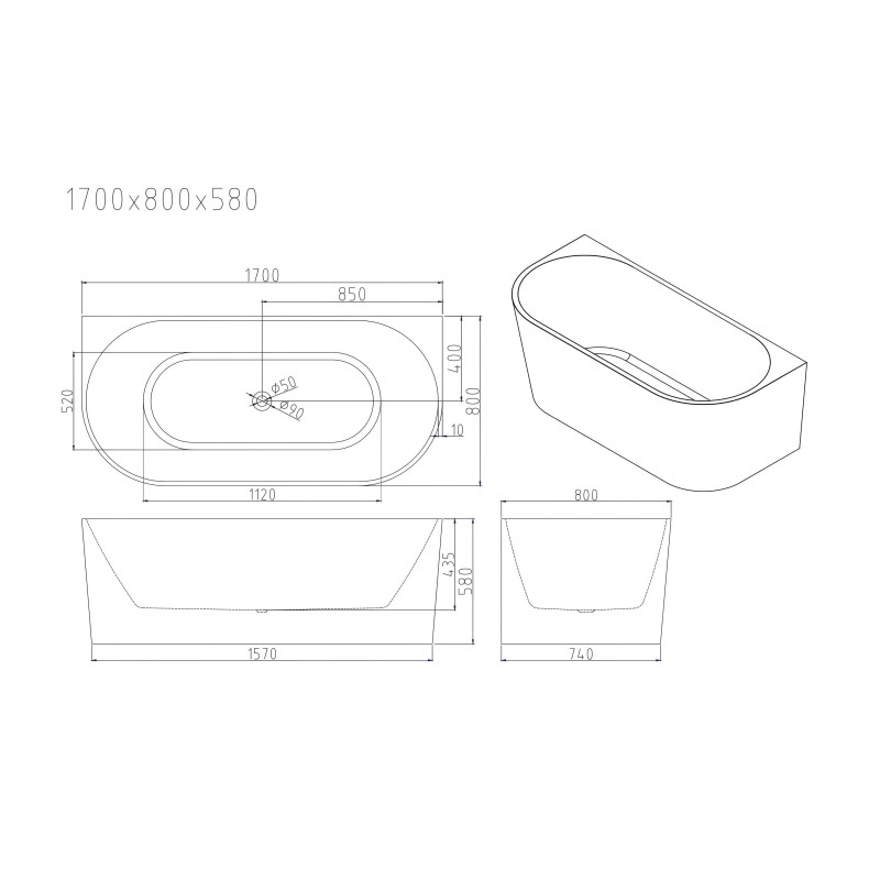 Mercio Musen Ultra-Thin Back-to-Wall Bathtub - Gloss White