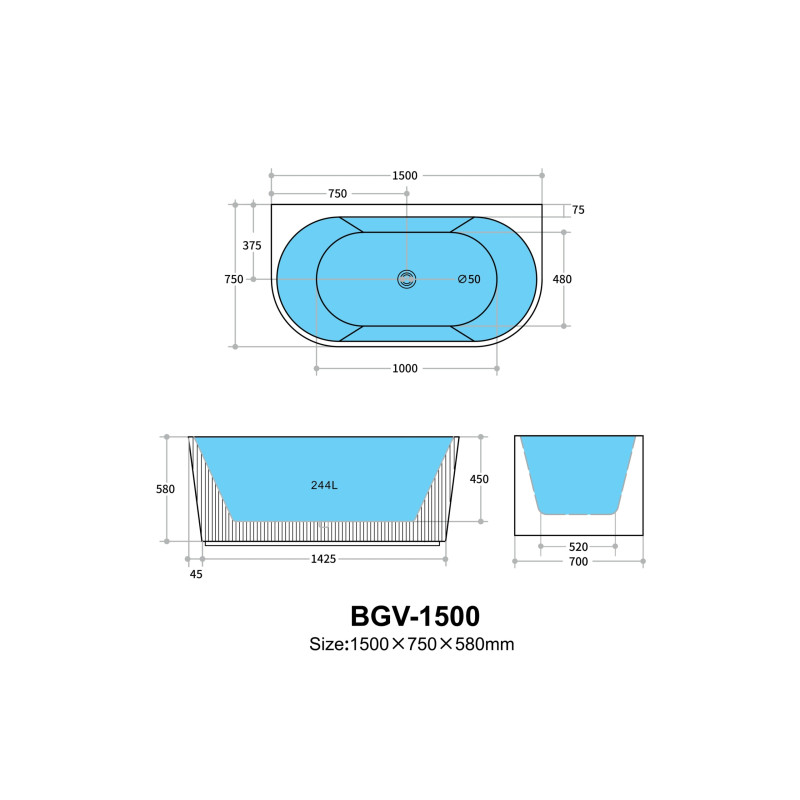 Poseidon Bari Groove back to wall Bathtub - Matte White/ Matte Black