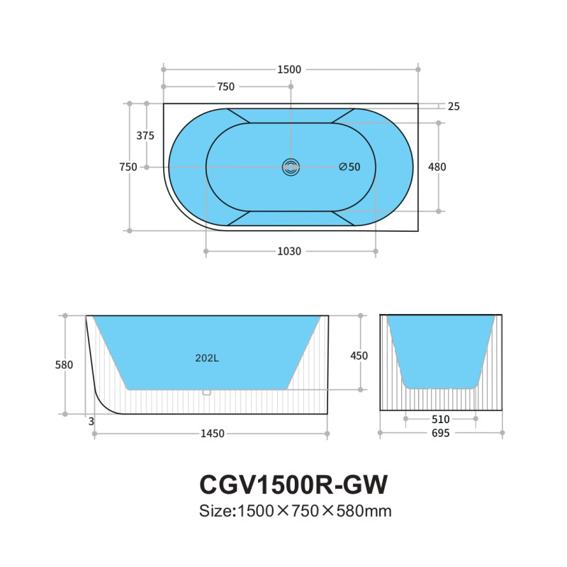 Poseidon Capri Groove Corner Bathtub - Matte White/Matte Black