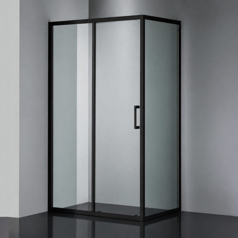 Covey 920-1750mm (door side) x 790-1210mm (fixed panel) Semi-frame Single Sliding Door Shower Screen -  Black fittings