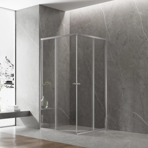 Covey 800-1200mm Corner Double Sliding Door Shower Screen - Brushed Nickel fittings