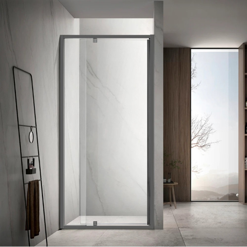 Covey 850-1150mm wall to wall Pivot Door Shower Screen - Brushed Nickel/ Gun Metal/ Light Gold fittings