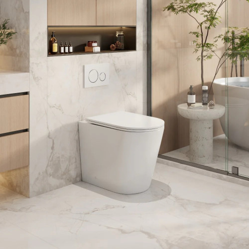 Mercio Zara99 Wall-Faced Floor Pan with Geberit Sigma8 in Wall Cistern & Access Plate - Rimless Flush Mercio Zara99 Wall-Faced Floor Pan with Geberit Sigma8 in Wall Cistern & Access Plate - Rimless Flush