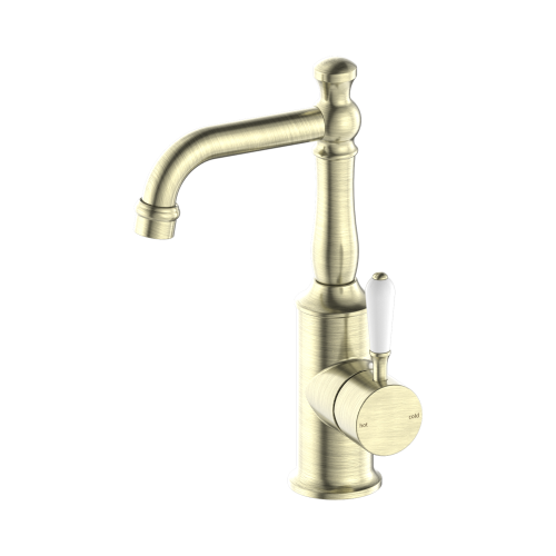 NERO YORK BASIN MIXER WITH WHITE PORCELAIN LEVER AGED BRASS