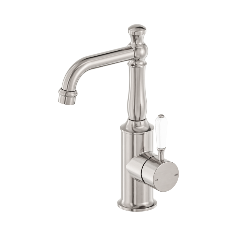 NERO YORK BASIN MIXER WITH WHITE PORCELAIN LEVER BRUSHED NICKEL NERO YORK BASIN MIXER WITH WHITE PORCELAIN LEVER BRUSHED NICKEL