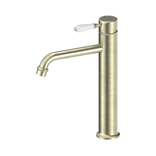 NERO YORK STRAIGHT TALL BASIN MIXER WITH WHITE PORCELAIN LEVER AGED BRASS