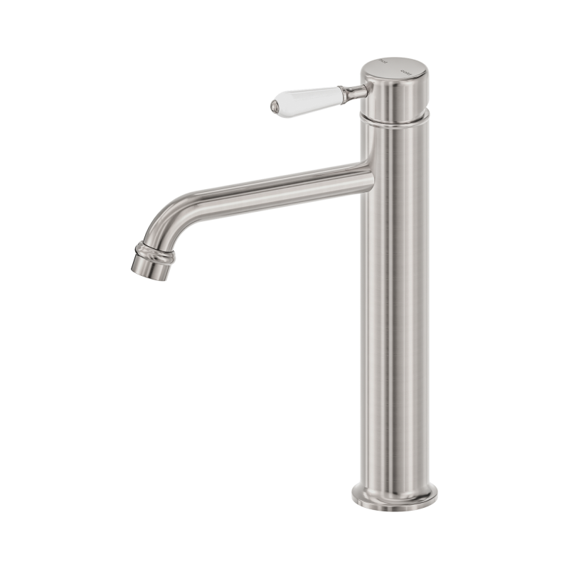NERO YORK STRAIGHT TALL BASIN MIXER WITH WHITE PORCELAIN LEVER BRUSHED NICKEL NERO YORK STRAIGHT TALL BASIN MIXER WITH WHITE PORCELAIN LEVER BRUSHED NICKEL
