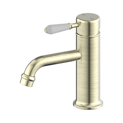 NERO YORK STRAIGHT BASIN MIXER WITH WHITE PORCELAIN LEVER AGED BRASS