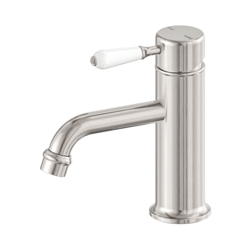 NERO YORK STRAIGHT BASIN MIXER WITH WHITE PORCELAIN LEVER BRUSHED NICKEL