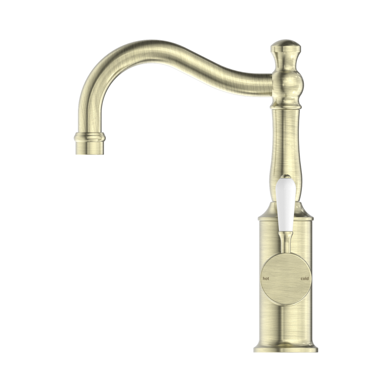 NERO YORK BASIN MIXER HOOK SPOUT WITH WHITE PORCELAIN LEVER AGED BRASS NERO YORK BASIN MIXER HOOK SPOUT WITH WHITE PORCELAIN LEVER AGED BRASS