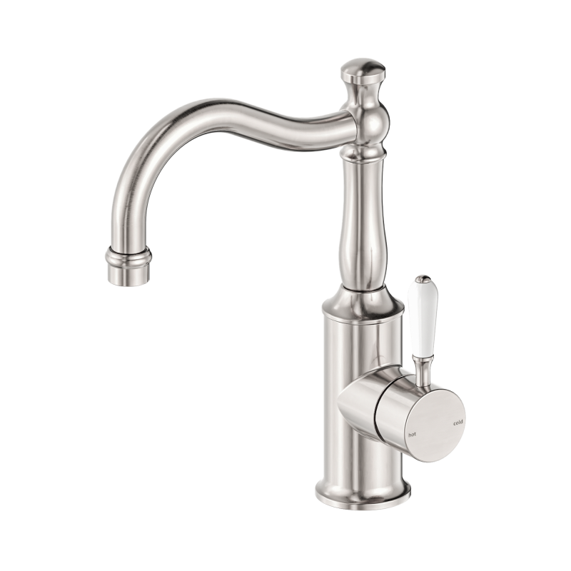 NERO YORK BASIN MIXER HOOK SPOUT WITH WHITE PORCELAIN LEVER BRUSHED NICKEL NERO YORK BASIN MIXER HOOK SPOUT WITH WHITE PORCELAIN LEVER BRUSHED NICKEL