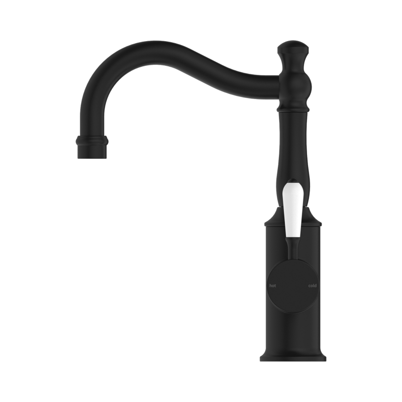 NERO YORK BASIN MIXER HOOK SPOUT WITH WHITE PORCELAIN LEVER MATTE BLACK NERO YORK BASIN MIXER HOOK SPOUT WITH WHITE PORCELAIN LEVER MATTE BLACK