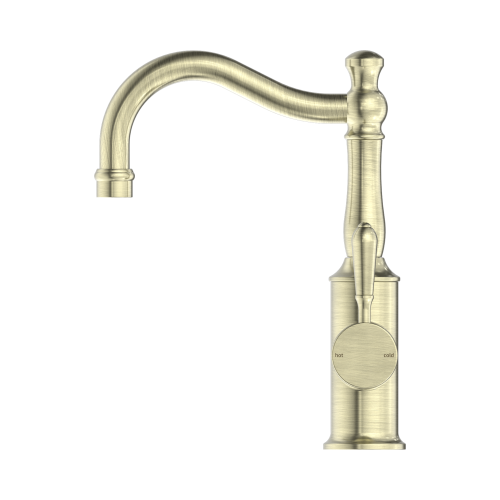 NERO YORK BASIN MIXER HOOK SPOUT WITH METAL LEVER AGED BRASS