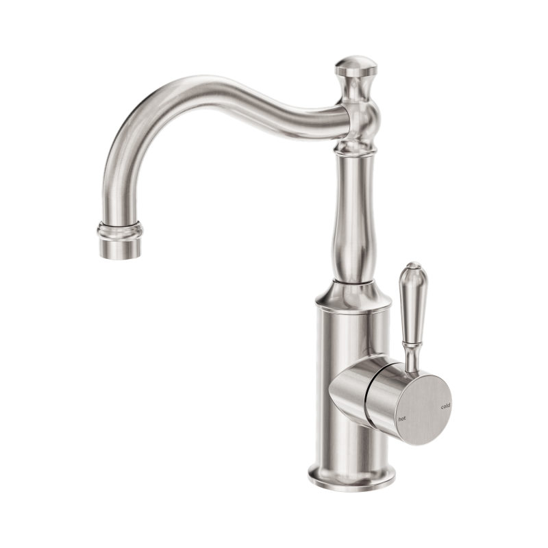 NERO YORK BASIN MIXER HOOK SPOUT WITH METAL LEVER BRUSHED NICKEL NERO YORK BASIN MIXER HOOK SPOUT WITH METAL LEVER BRUSHED NICKEL