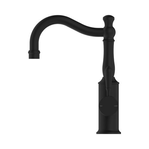 NERO YORK BASIN MIXER HOOK SPOUT WITH METAL LEVER MATTE BLACK