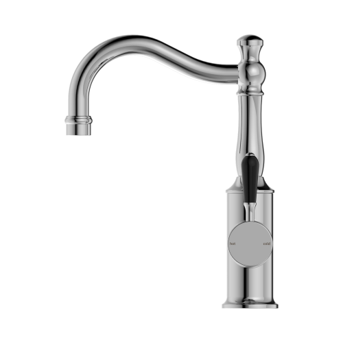 NERO YORK BASIN MIXER HOOK SPOUT WITH BLACK PORCELAIN LEVER CHROME