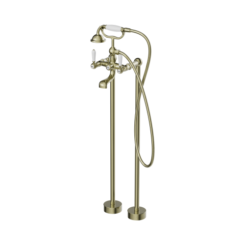 NERO YORK FREESTANDING BATH SET WITH WHITE PORCELAIN HAND SHOWER AGED BRASS