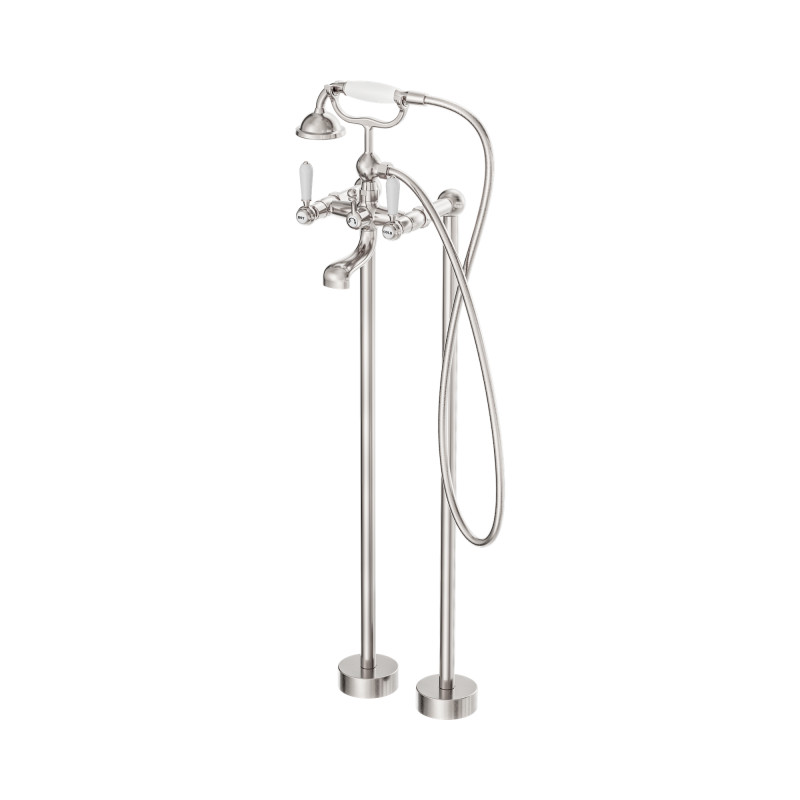NERO YORK FREESTANDING BATH SET WITH WHITE PORCELAIN HAND SHOWER BRUSHED NICKEL NERO YORK FREESTANDING BATH SET WITH WHITE PORCELAIN HAND SHOWER BRUSHED NICKEL