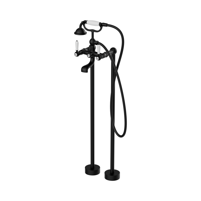 NERO YORK FREESTANDING BATH SET WITH WHITE PORCELAIN HAND SHOWER MATTE BLACK NERO YORK FREESTANDING BATH SET WITH WHITE PORCELAIN HAND SHOWER MATTE BLACK