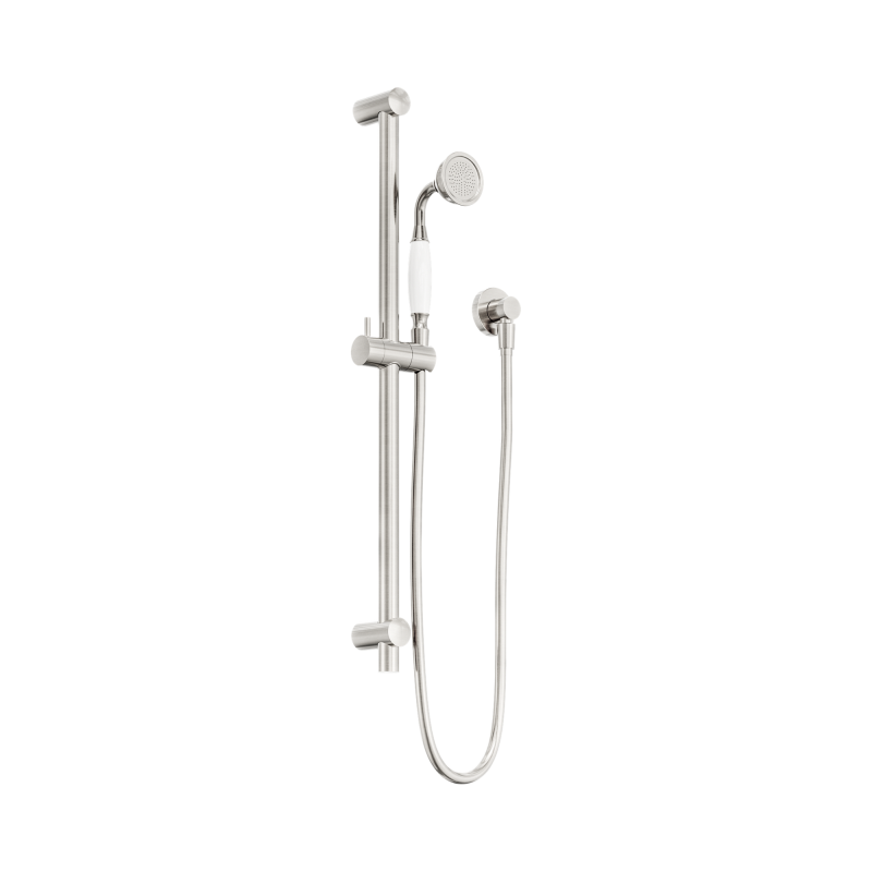 NERO YORK SHOWER RAIL WITH WHITE PORCELAIN HAND SHOWER BRUSHED NICKEL NERO YORK SHOWER RAIL WITH WHITE PORCELAIN HAND SHOWER BRUSHED NICKEL