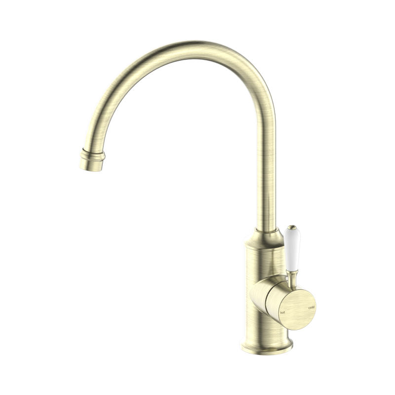 NERO YORK KITCHEN MIXER GOOSENECK SPOUT WITH WHITE PORCELAIN LEVER AGED BRASS NERO YORK KITCHEN MIXER GOOSENECK SPOUT WITH WHITE PORCELAIN LEVER AGED BRASS