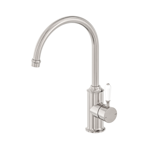 NERO YORK KITCHEN MIXER GOOSENECK SPOUT WITH WHITE PORCELAIN LEVER BRUSHED NICKEL