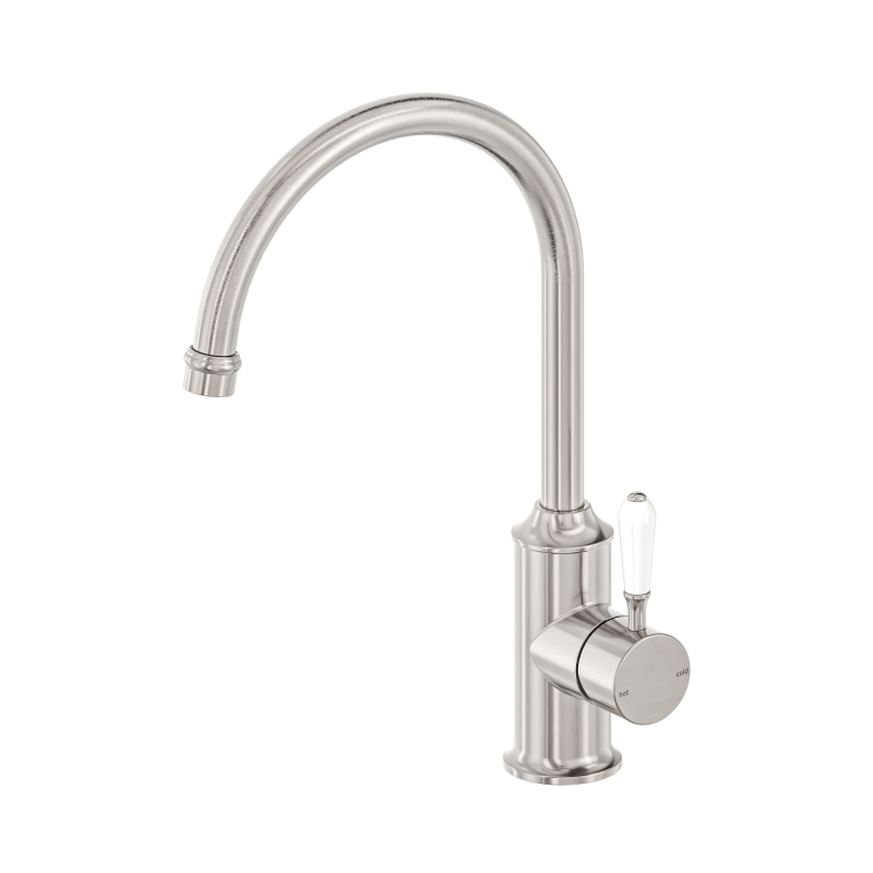 NERO YORK KITCHEN MIXER GOOSENECK SPOUT WITH WHITE PORCELAIN LEVER BRUSHED NICKEL NERO YORK KITCHEN MIXER GOOSENECK SPOUT WITH WHITE PORCELAIN LEVER BRUSHED NICKEL