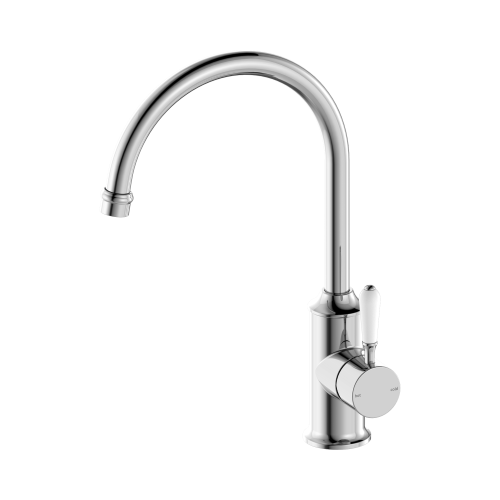 NERO YORK KITCHEN MIXER GOOSENECK SPOUT WITH WHITE PORCELAIN LEVER CHROME