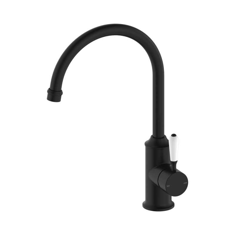 NERO YORK KITCHEN MIXER GOOSENECK SPOUT WITH WHITE PORCELAIN LEVER MATTE BLACK NERO YORK KITCHEN MIXER GOOSENECK SPOUT WITH WHITE PORCELAIN LEVER MATTE BLACK