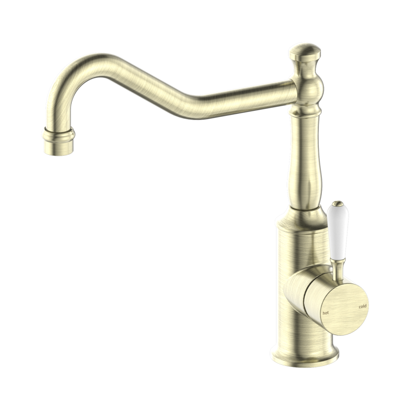 NERO YORK KITCHEN MIXER HOOK SPOUT WITH WHITE PORCELAIN LEVER AGED BRASS NERO YORK KITCHEN MIXER HOOK SPOUT WITH WHITE PORCELAIN LEVER AGED BRASS