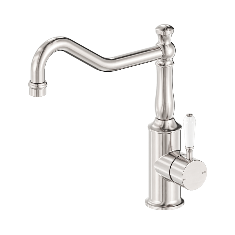 NERO YORK KITCHEN MIXER HOOK SPOUT WITH WHITE PORCELAIN LEVER BRUSHED NICKEL NERO YORK KITCHEN MIXER HOOK SPOUT WITH WHITE PORCELAIN LEVER BRUSHED NICKEL
