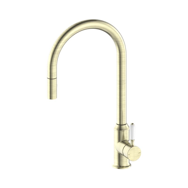 NERO YORK PULL OUT SINK MIXER WITH VEGIE SPRAY FUNCTION WITH WHITE PORCELAIN LEVER AGED BRASS NERO YORK PULL OUT SINK MIXER WITH VEGIE SPRAY FUNCTION WITH WHITE PORCELAIN LEVER AGED BRASS
