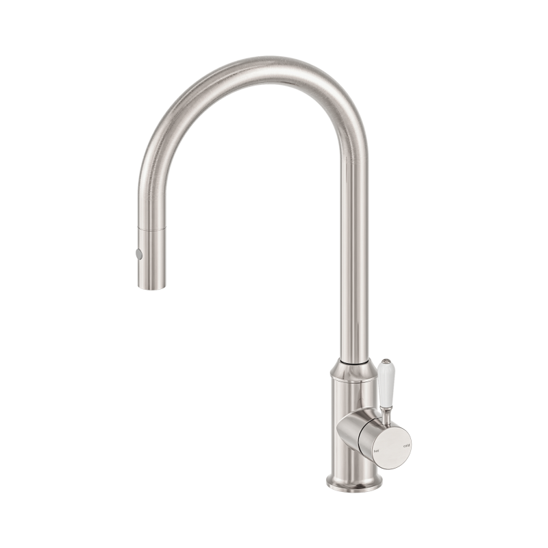 NERO YORK PULL OUT SINK MIXER WITH VEGIE SPRAY FUNCTION WITH WHITE PORCELAIN LEVER BRUSHED NICKEL NERO YORK PULL OUT SINK MIXER WITH VEGIE SPRAY FUNCTION WITH WHITE PORCELAIN LEVER BRUSHED NICKEL