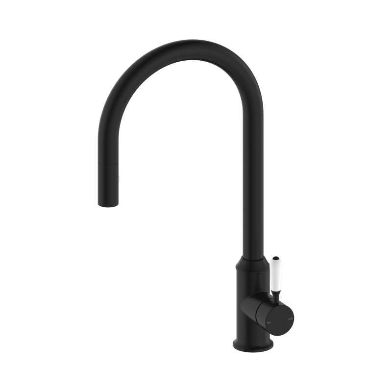 NERO YORK PULL OUT SINK MIXER WITH VEGIE SPRAY FUNCTION WITH WHITE PORCELAIN LEVER MATTE BLACK NERO YORK PULL OUT SINK MIXER WITH VEGIE SPRAY FUNCTION WITH WHITE PORCELAIN LEVER MATTE BLACK