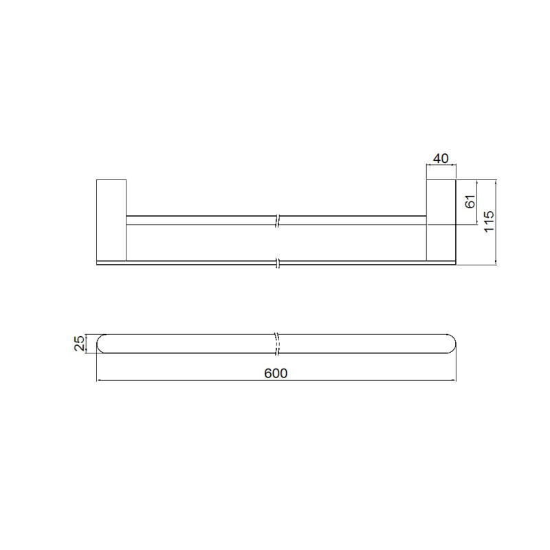 NERO BIANCA DOUBLE TOWEL RAIL 600MM MATTE BLACK